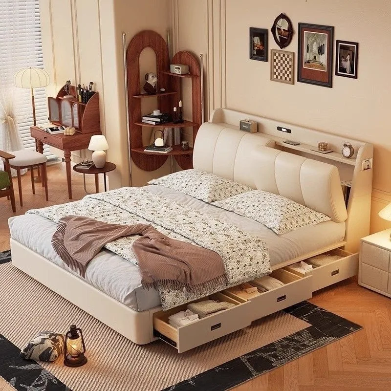 Light luxury minimalist modern genuine leather bed, 2.2m cream-style high-end grand double bed, 2m master bedroom home soft bed