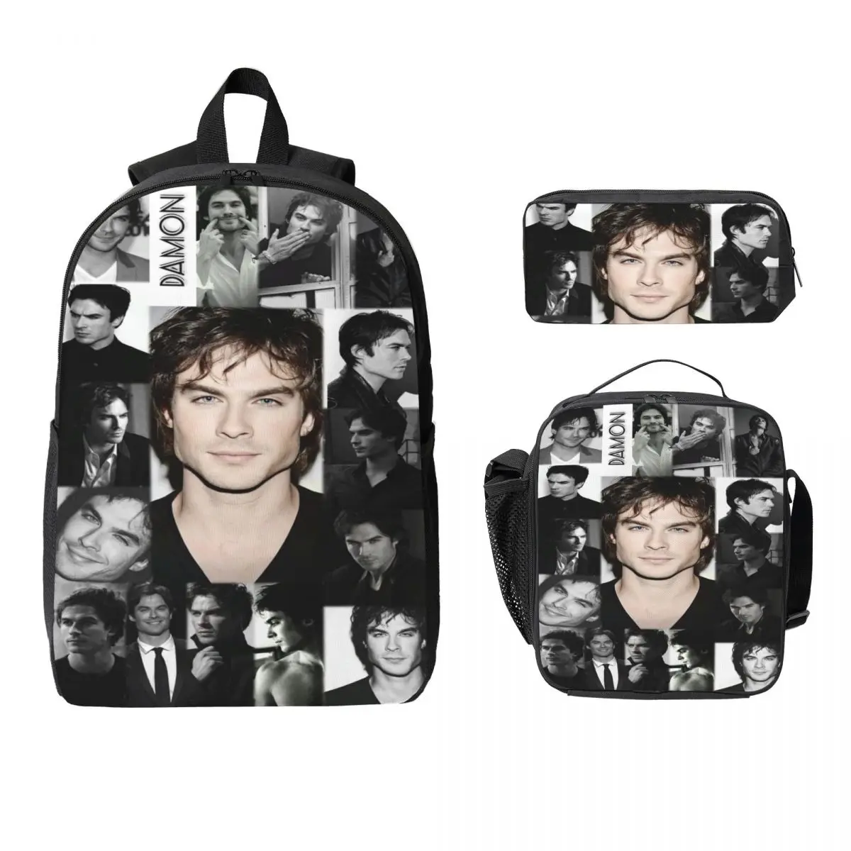 3Pcs Damon Salvatore School bags Set for Kids Pencil Boxes Backpack Sets with Lunch Box For Primary School Students Knapsack