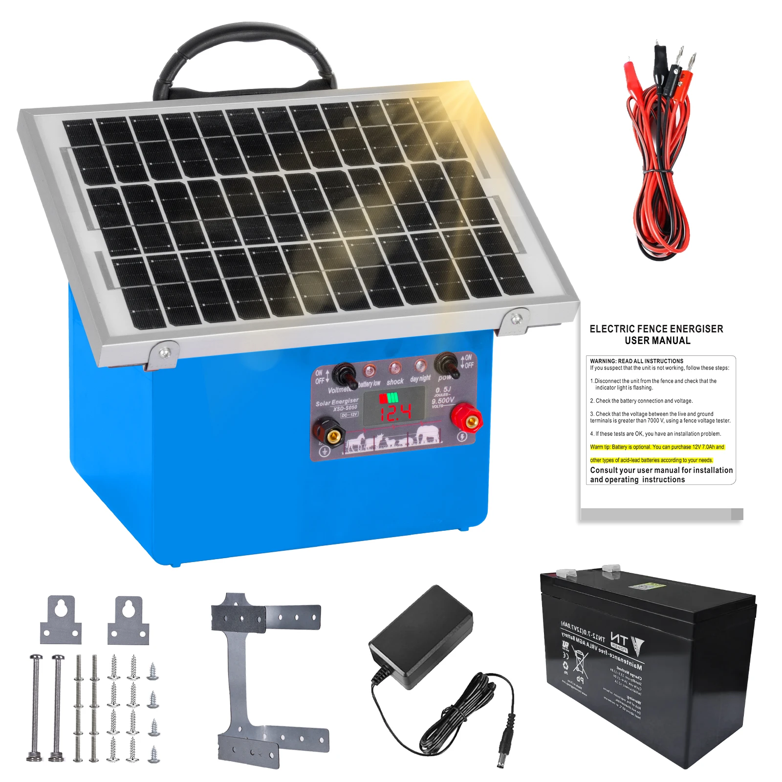 

32km Solar Electric Fence Device Electric Fence Energizer Low Impedance Peak Voltage 9500V for Poultry Livestock with Battery