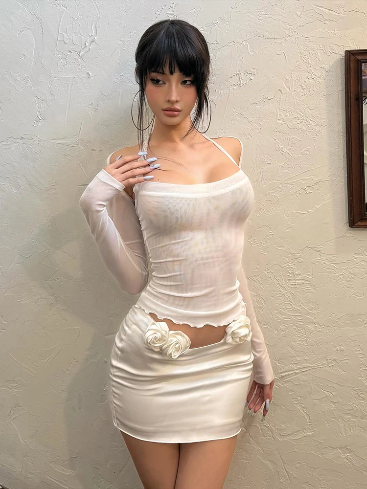 

Weird Puss Simple 3 Piece Set Women Skinny See Through Crop Tops+Halter Bandage Low-Neck Folds Tops+3d Flowers Skirts Trend Suit