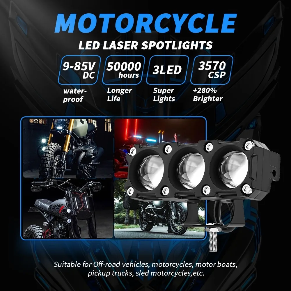 Motorcycle LED Spotlights, Dual Color Small Steel Cannon Fish Eye Lights, Three Eye Ultra Bright Modified Waterproof 12-80V