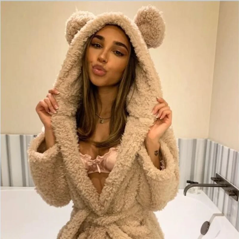 2026 New Winter Warm Casual Robes Woman Ear Hooded Bathrobe Plush Robe V Neck Long Sleeve Shawl Kimono Warm Bath Robes Coat
