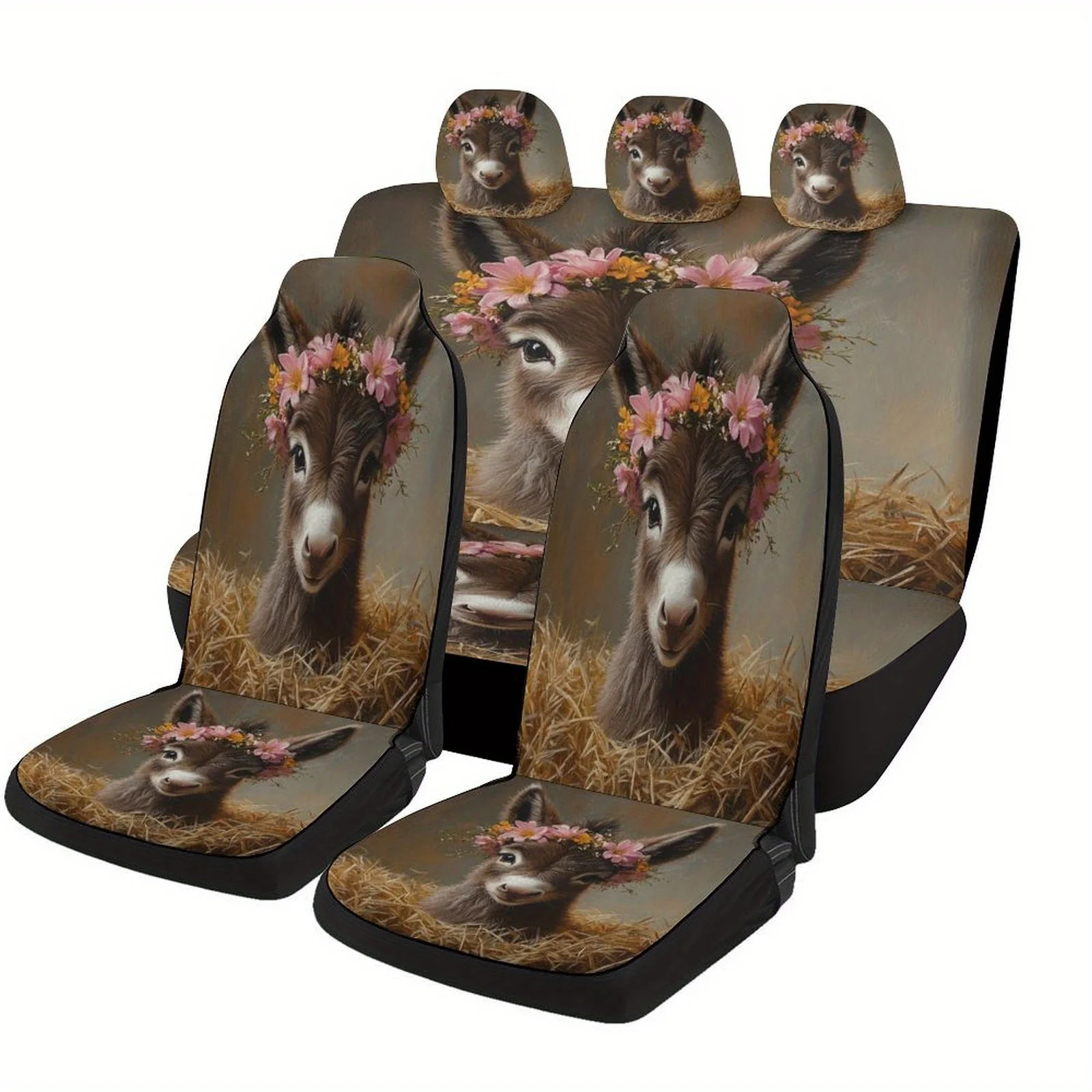 Fit Car Seat Covers Full Set For 2 Front & Rear Seats - Cute Donkey & Floral Animal Design, Heavy-Duty Protector Cover, Machine