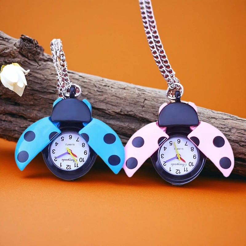 new children boys girls cartoon ladybug necklace pocket watches little kids students lovely cute flip electric clock 9 colors