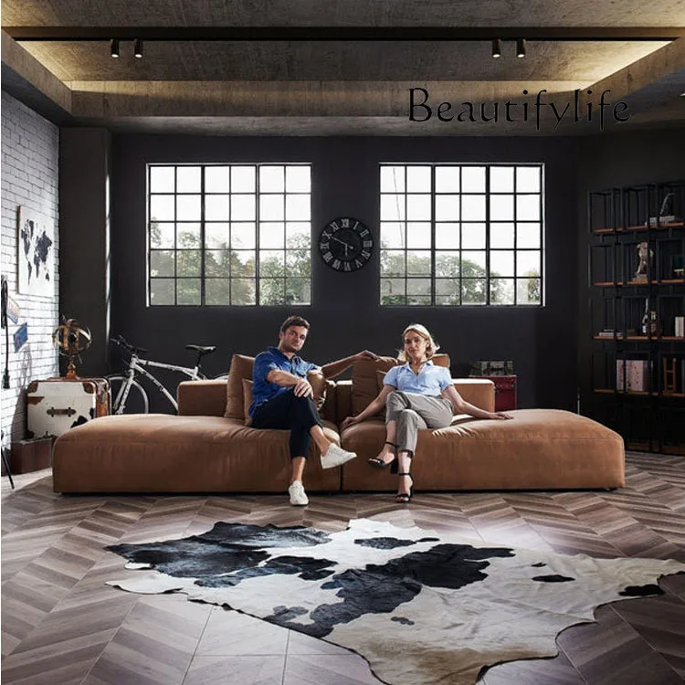 

Nordic latex leather sofa large apartment modern simple living room sofa module super deep sitting wide retro straight sofa