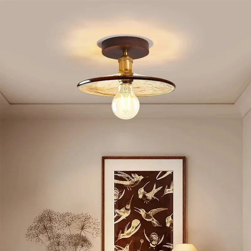 Minimalist Antique Walnut Color Solid Wood Glass Porch LED Home Ceiling Lights Lustre Lamp for Living Room Decoration Chandelier