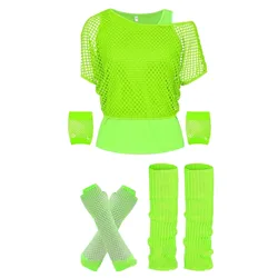 New 1980s Prom Costume Retro Women Retro Neon Mesh T-Shirt Gloves Headband Necklace Set Fancy 80s Party Dress Up Accessories