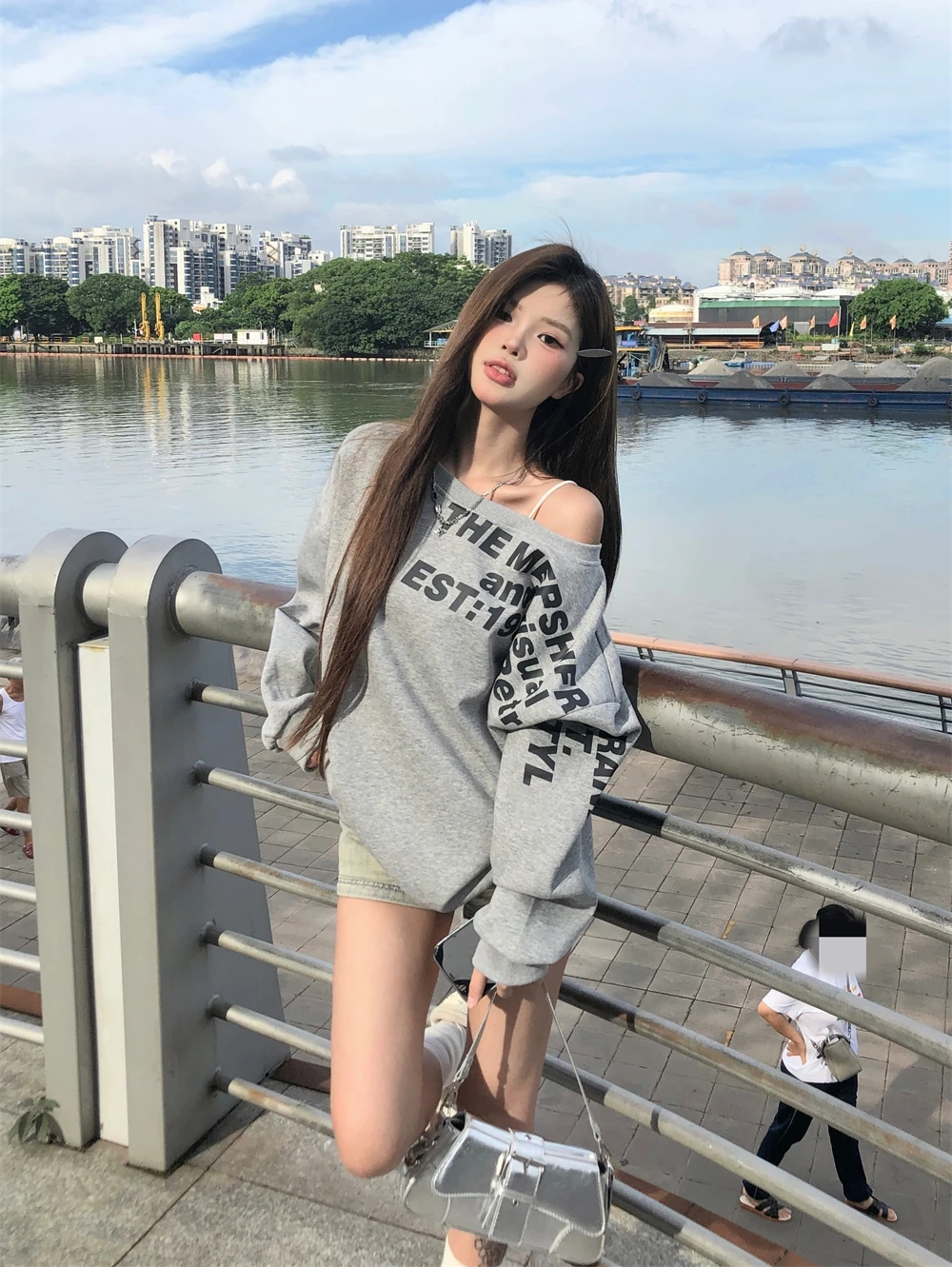 Grey Hooded Women Clothing Vintage Street Sweatshirt Hiphop Y2K Letter Printing Pullover Long Sleeves Warm Oversize Ladies Tops