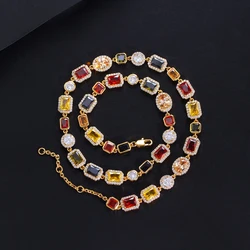 BeaQueen Lovely Geometric Colorful Cubic Zirconia Yellow Gold Plated Necklaces Chain for Women Festive Party Jewelry Gifts N026