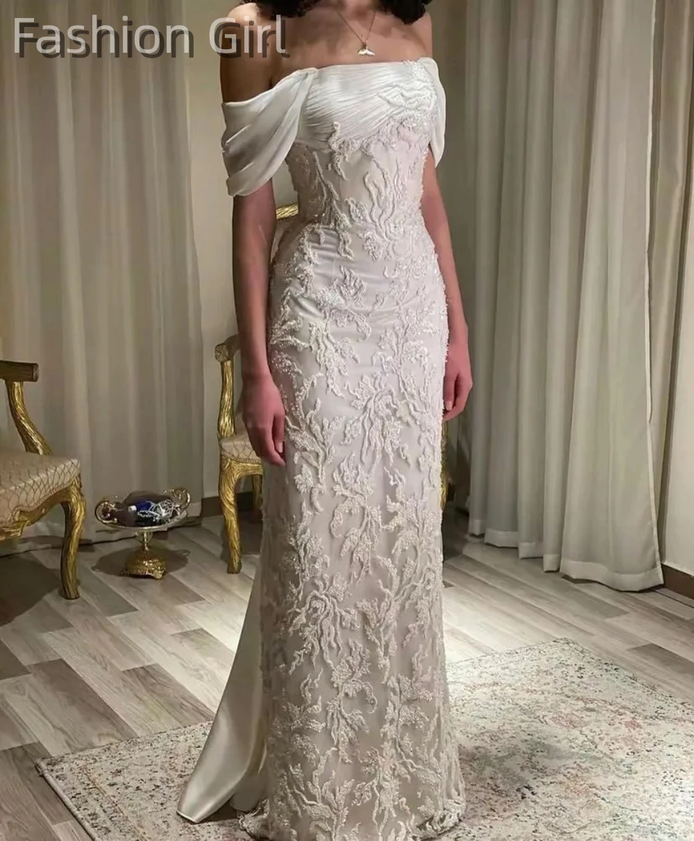 

2025 Custom Classic White Off The Shoulder Prom Dresses Embroidery Floor Length Strapless Evening Dresses Women's Formal Dress