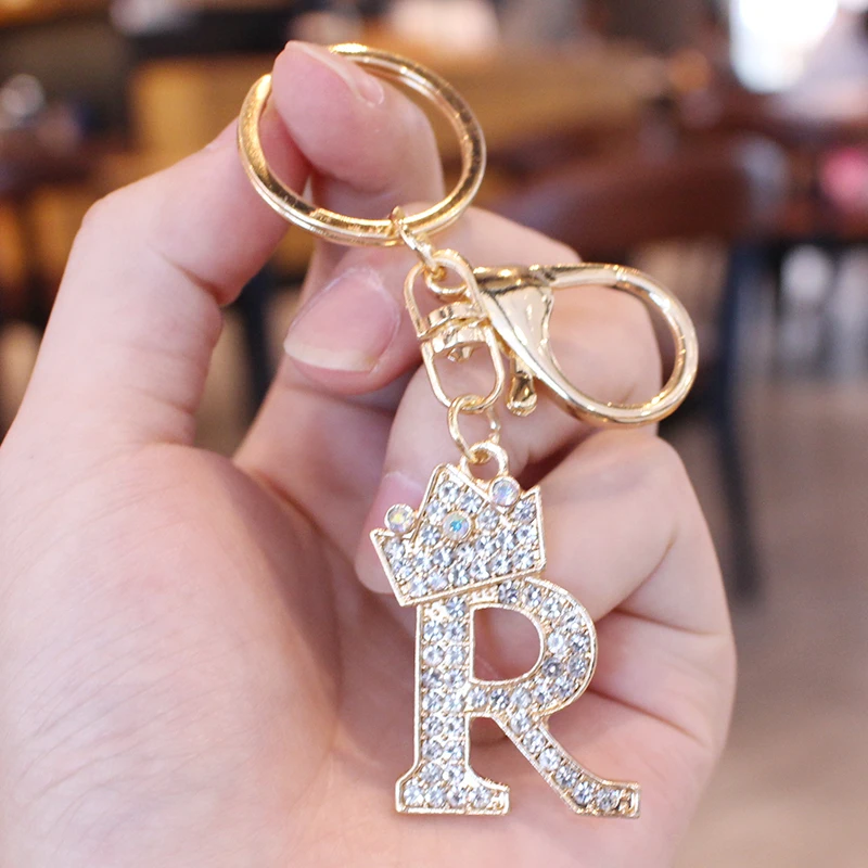 26 Initial Letter Rhinestone Keychain For Women Charm Crystal Crown Gold Plated Key Ring Bag Car Key Chains DIY Accessoreis