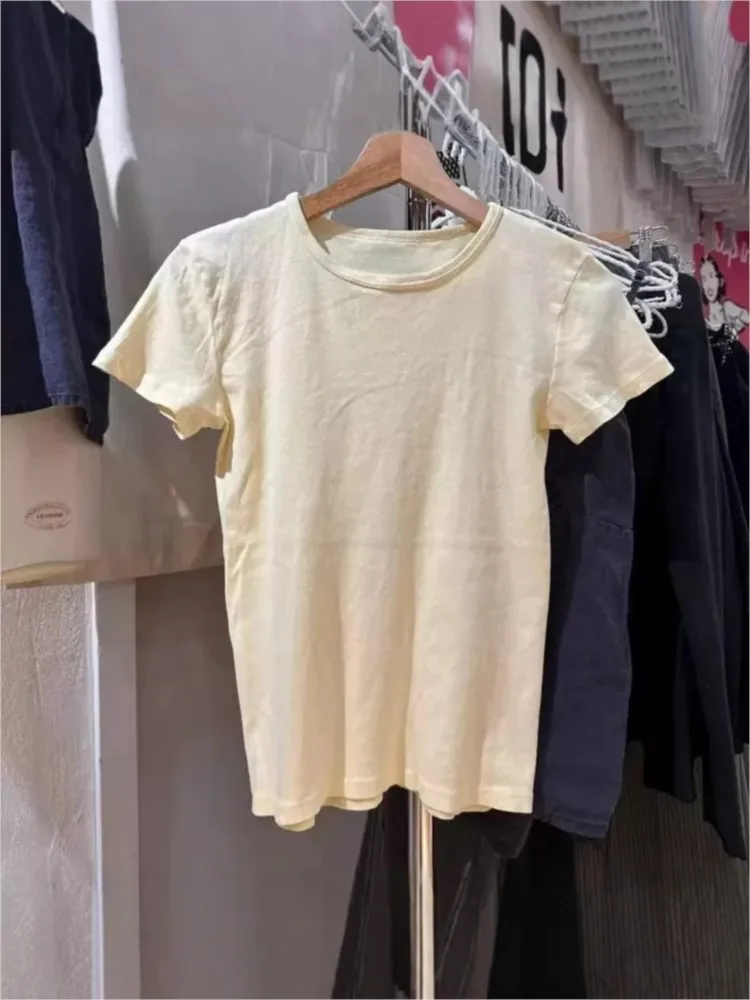 Manteiga amarelo básico magro camiseta feminina casual all-match em torno do pescoço manga curta algodão camisetas doce simples básico tshirt topo