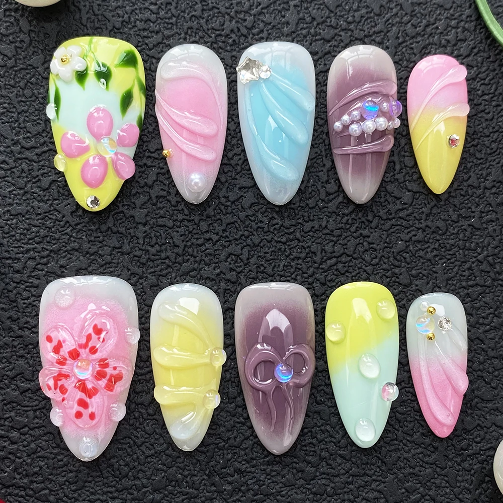 

Glossy Hand Paint Durable Acrylic Handmade Nail Sets 10PCS Multicolor Luxurious Glossy UV Gel Carved Artificial Manicure Art