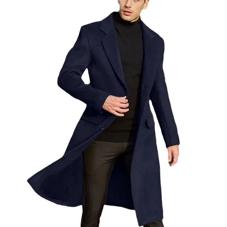 New British Style Men Long Trench Coat Woolen Coat Men\'s Autum Winter Solid Color Warm