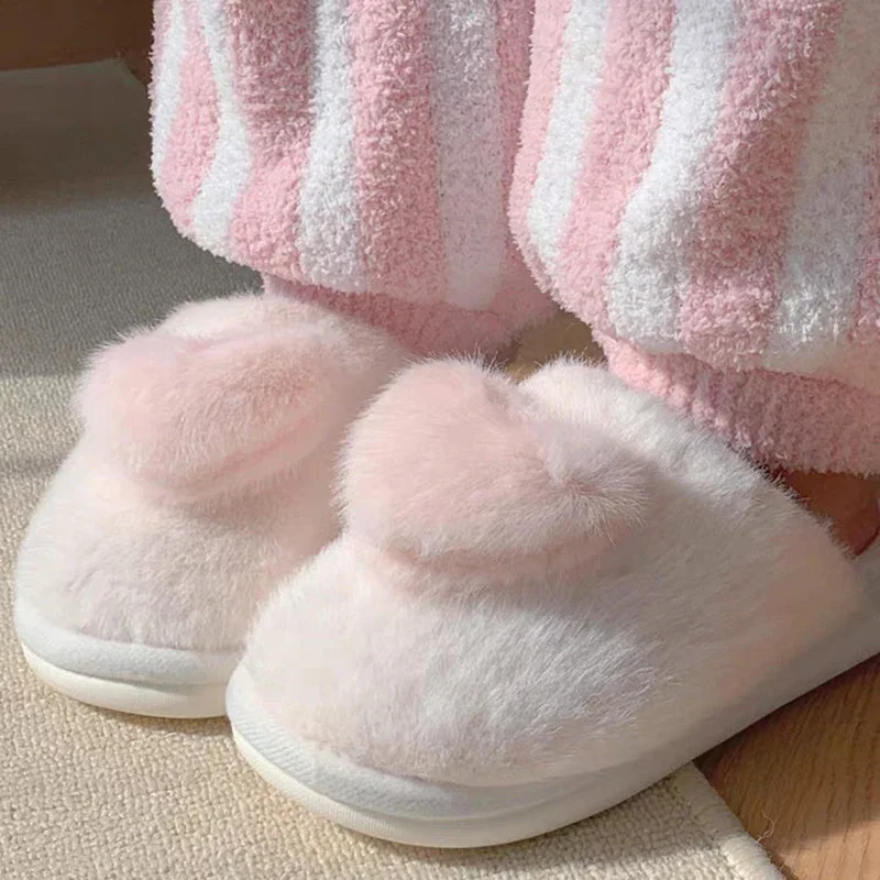 

Lovely Girls Warm Cotton Slippers Women's Winter Slides House Non-Slip Thick Sole Soft Plush Flats Cute Bedroom Home Slipper