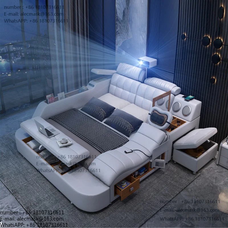 

Deluxe leather smart bed, multi-functional tatami king-size platform, upholstered fabric soft bed