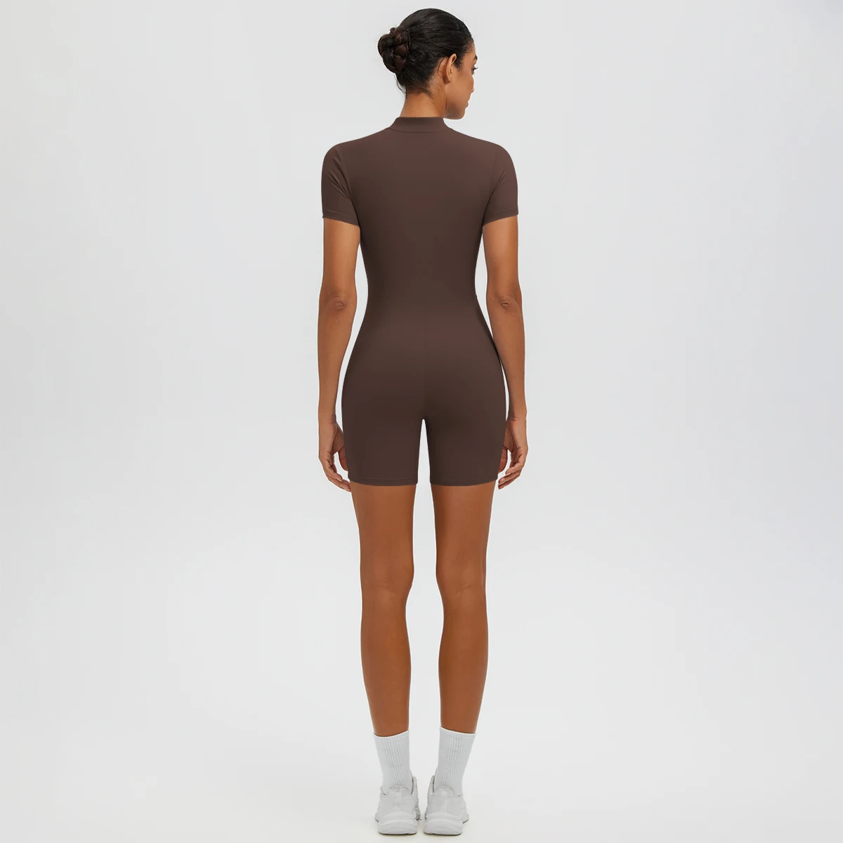 Hhigh Strength Training Solid Color Half Zipper Woman Bodysuits Fitness Stretch Bodysuit Yoga Suit Short Sleeved Sports Jumpsuit
