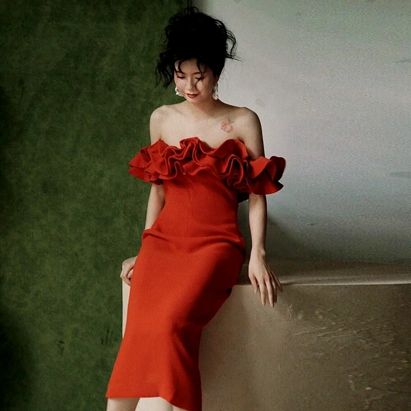 

Красное вечернее платье на одно плечо, облегающее, средней длины, для помолвок и свадеб, идеально для молодых женщин