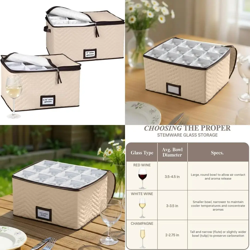 Organizador protector de copas de vino de microfibra acolchada - 2 paquetes, capacidad para 12 copas cada una, con divisores