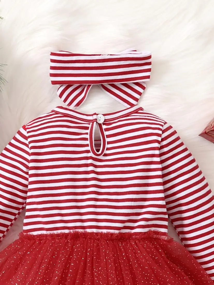 Baby Girl Autumn/winter Red Striped Christmas Deer Mesh Long Sleeved Dress