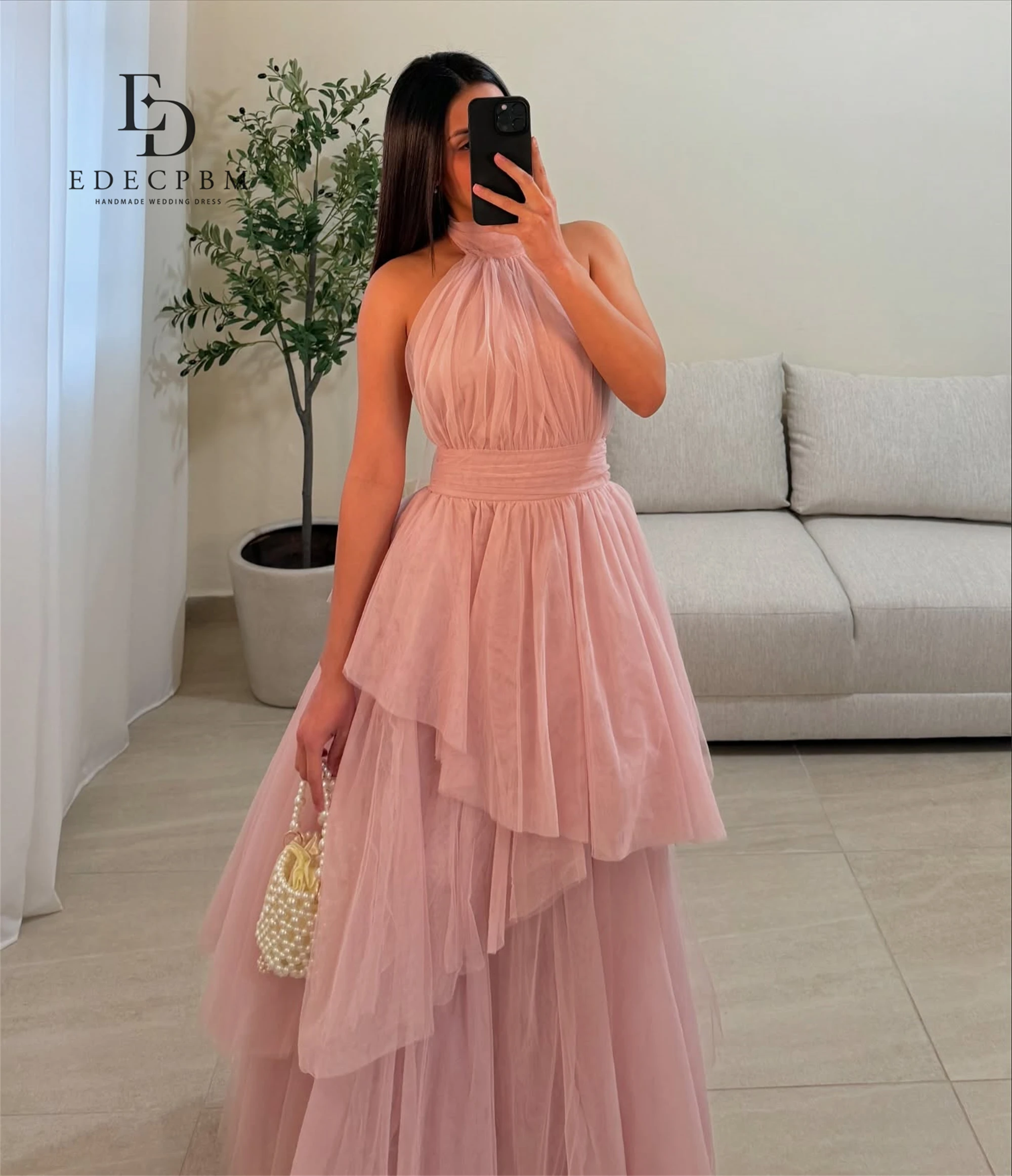 EDECPBM Neck Halter Dresses Gala Elegant Party Dresses 2025 Pink Customized Multi-layer Women Evening Dress Woman Prom Wedding image 2