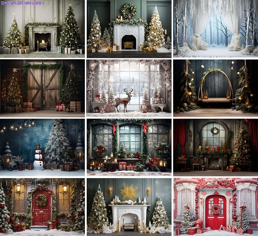 

Festive Christmas Room Fireplace Photography Backdrops Winter New Year Holidays Party Xmas Tree Window Photo Background BR-27
