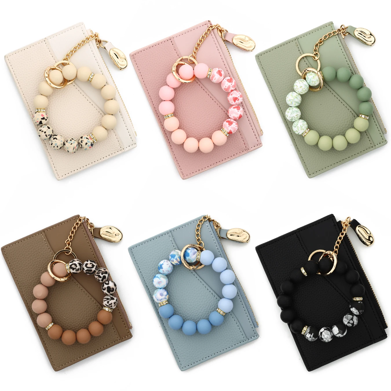 Women's Silicone Bead PU Leather Key Chain Wristlet ID Credit Card Holder with Bangle Bracelet Fashionable Keychain Wallet