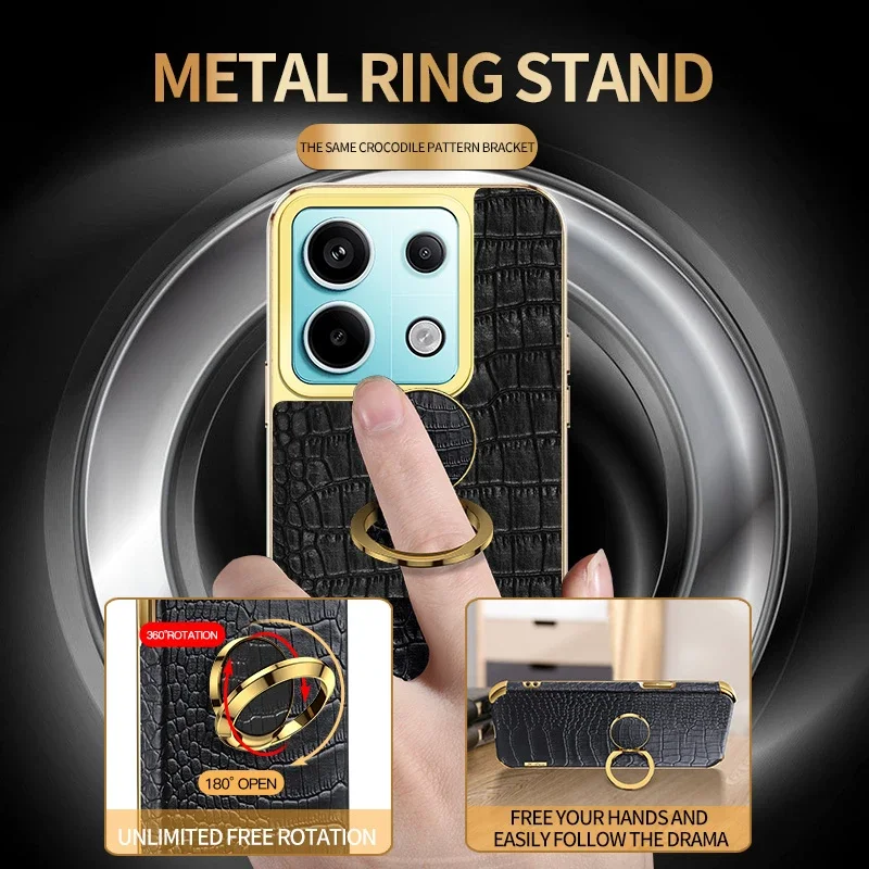 Para Redmi Note 13 Pro Plus 13C 4G 5G funda de teléfono con soporte de anillo magnético textura de cocodrilo fundas suaves de silicona de cuero PU