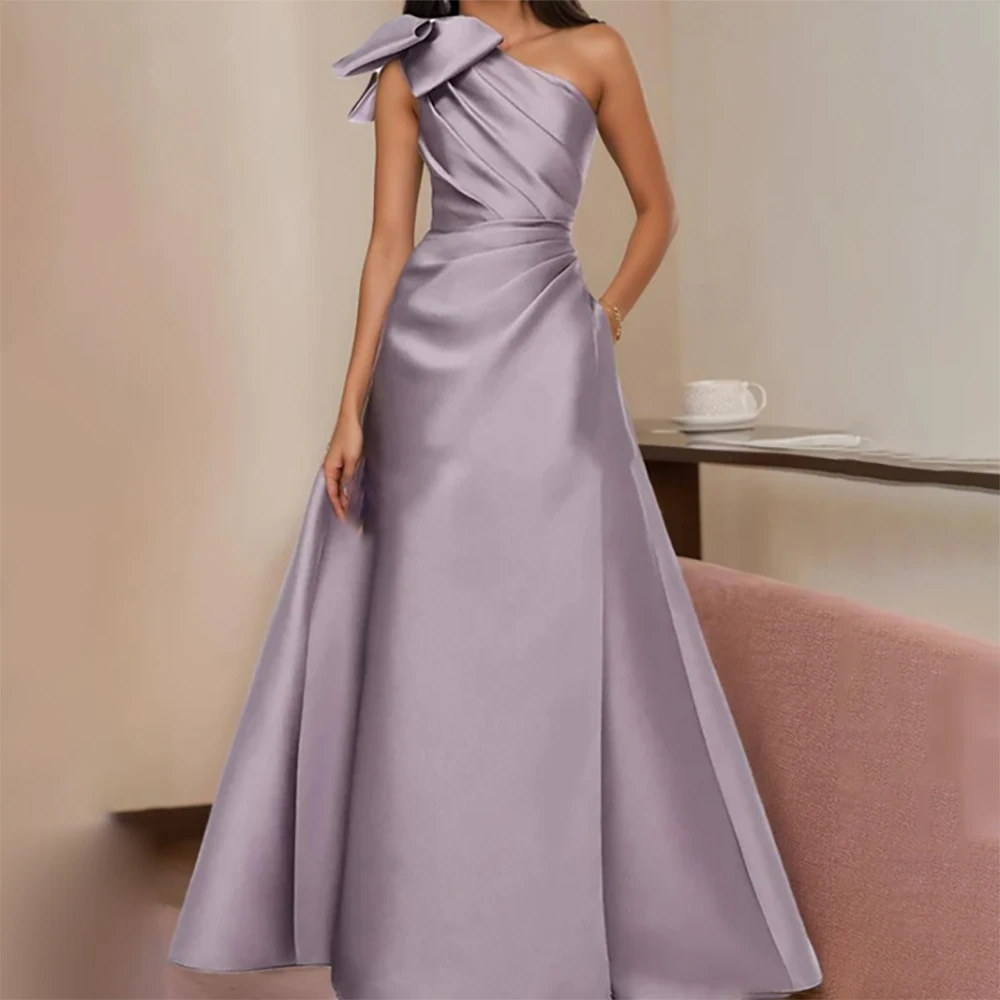 

2025 Satin Prom Party Evening Gown, Elegant A-Line Single Shoulder Backless Formal Dress with Bow Ruffles for Women’s Dresses