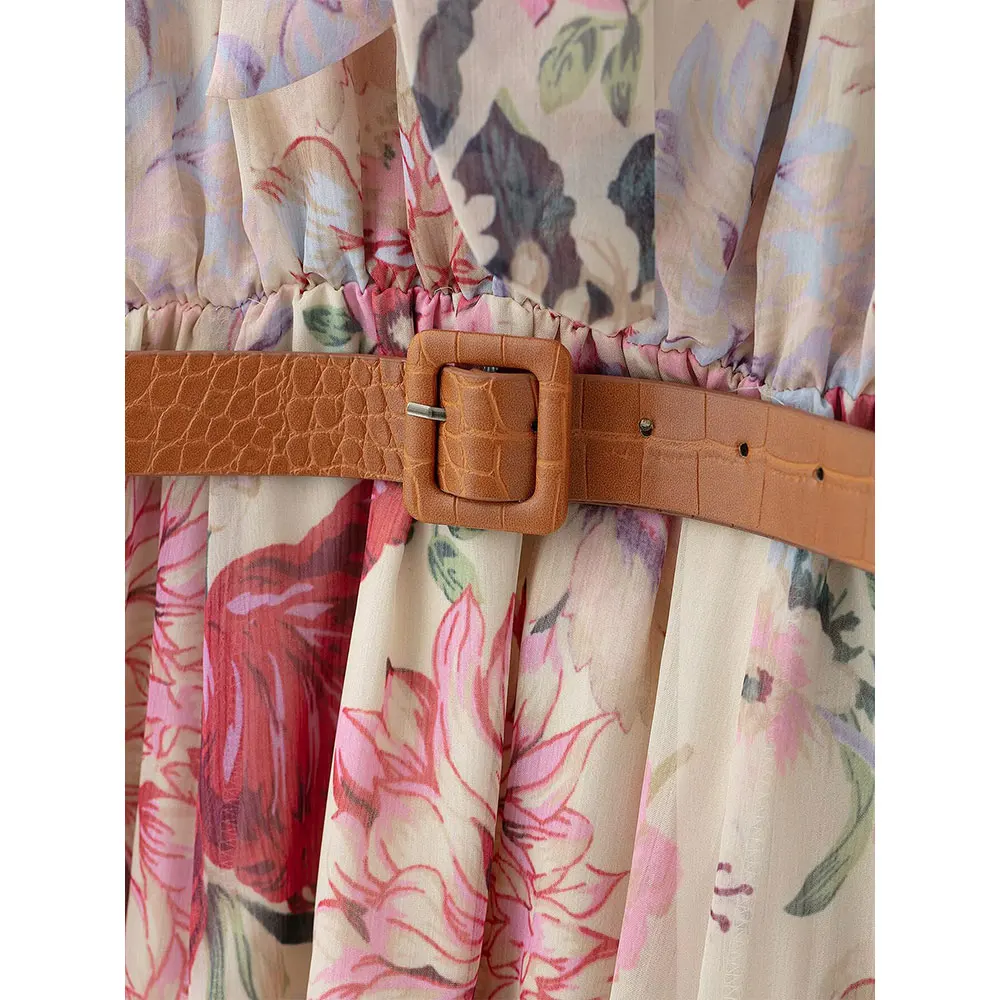 Willshela Women Vacation Floral Printed Midi Dress High Waist with Belt Long Puff Sleeves Female Chic Casual Mujer Long Vestidos