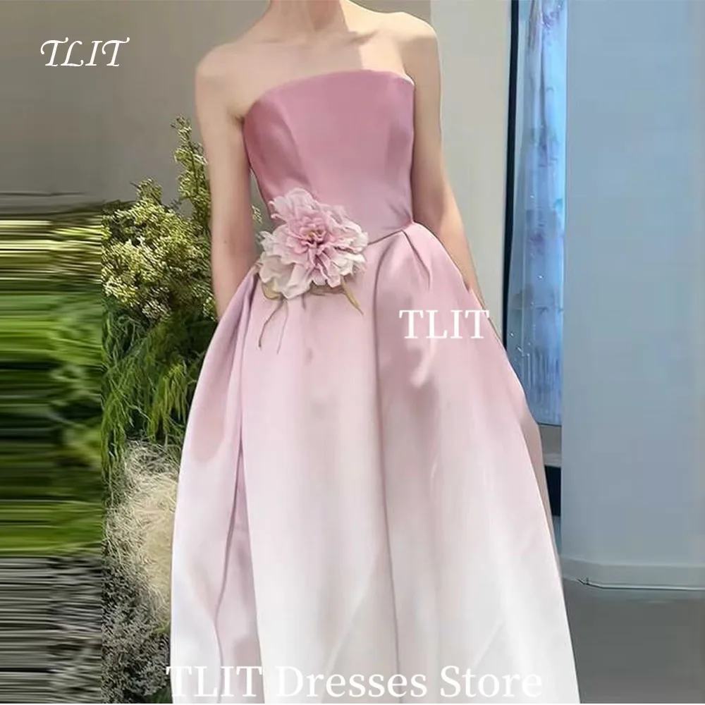 

TLIT Rradient Pink A-Line Wedding Party Dress Satin Strapless with Flowers Customized Long Backless Formal Occasions Dress