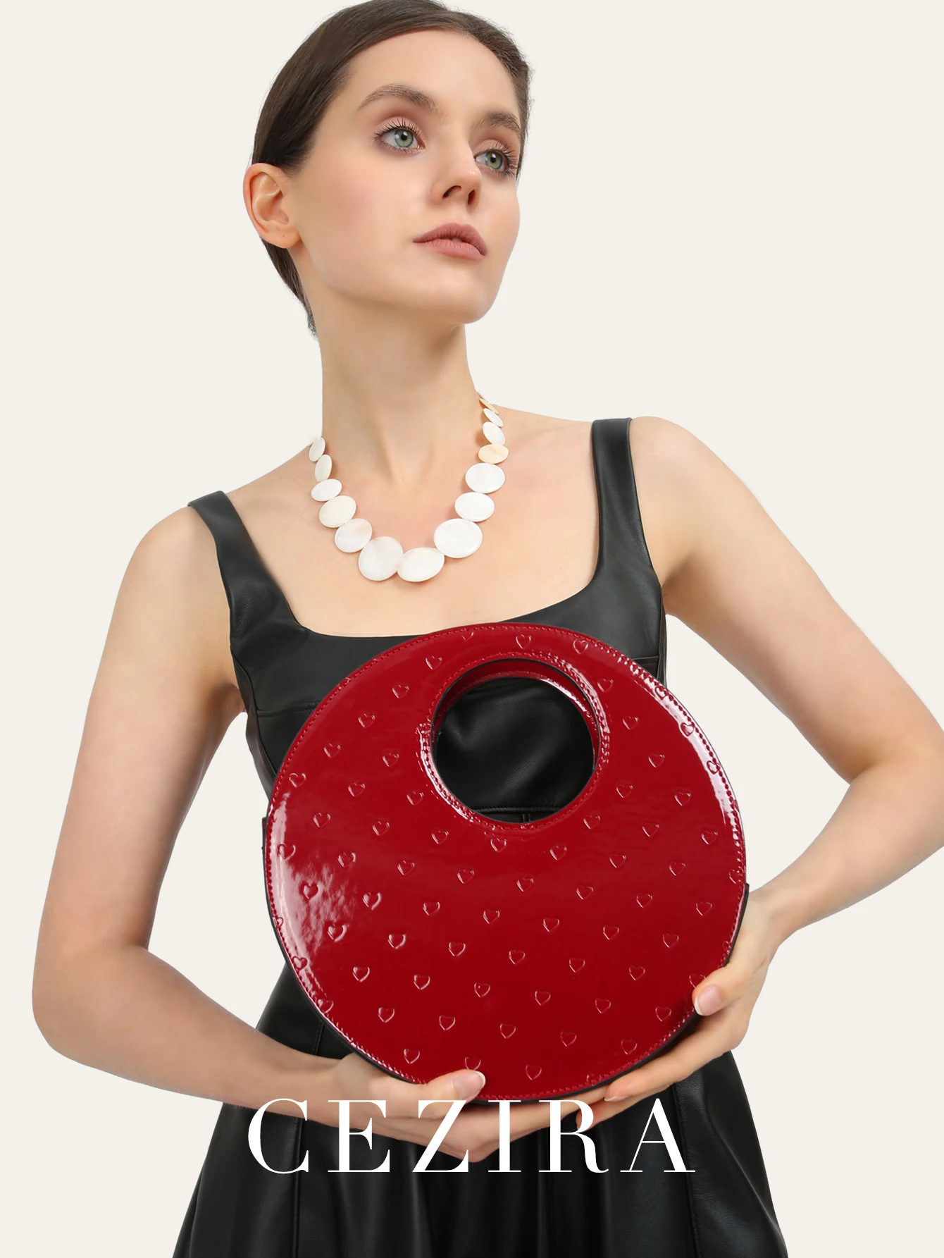 CEZIRA PU Patent Leather Women Elegant Style Round Top-handle Bag Luxury Fashionable Heart Shaped Pattern Crossbody Handbags