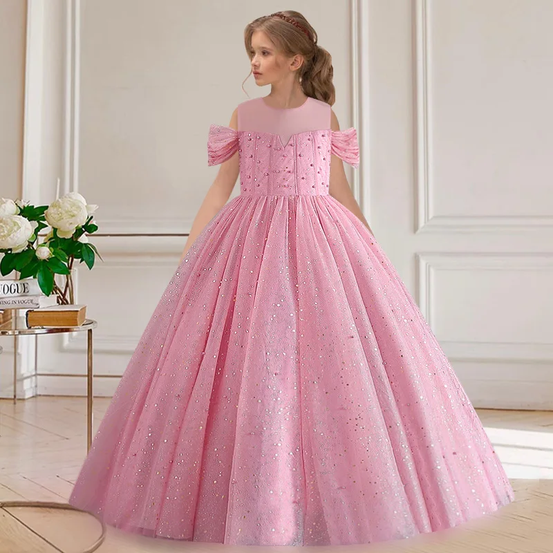 Girls' Wedding High end Dress Off Shoulder Long Dress Beaded Sequin Dress Girls' Birthday Party Dinner Ball Presidential Dress