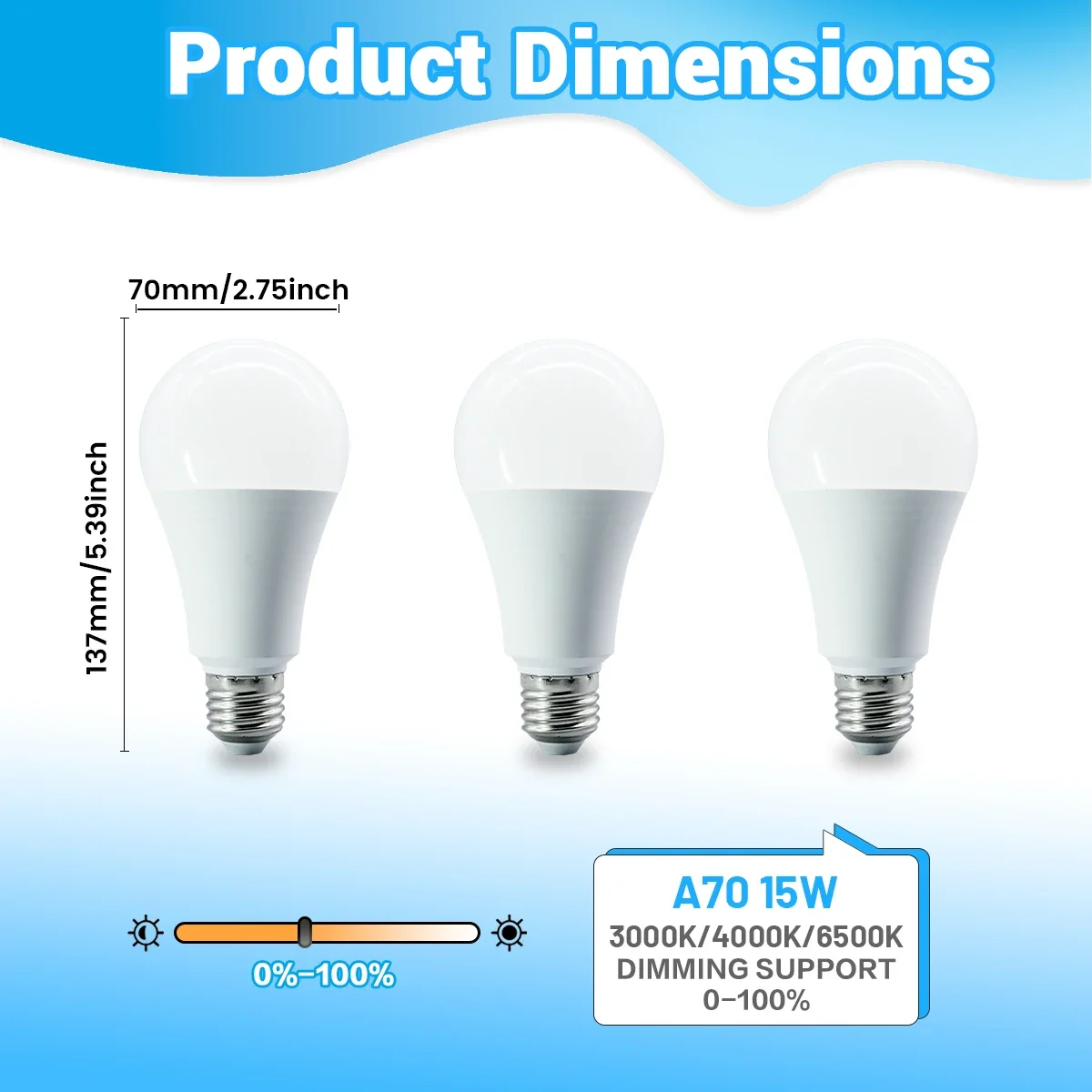 1-10PCS Dimming LED Bulb E27 A70 Lamps High CRI 15W 1200LM 3000K/4000K/6000K Cool Lighting Flicker-Free Light for Home