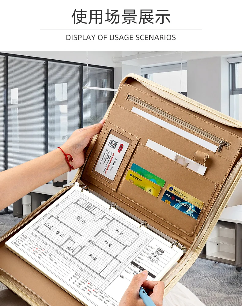 New A4 Magnetic Portable Zipper Folder, Multi-functional Leather Combination File Bag