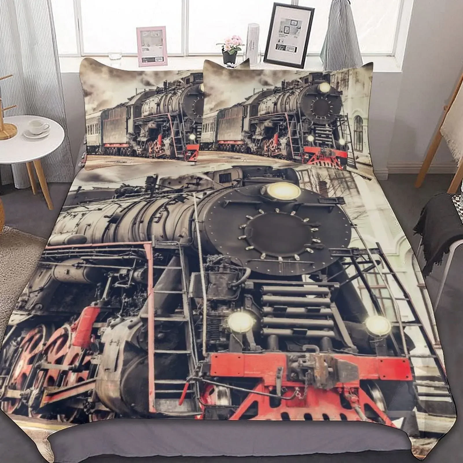 Train Equipment Trucks Construction Vehicle Tractor Duvet Cover for Children Boy for Bedroom Decoration Cartoon Watercolor Queen