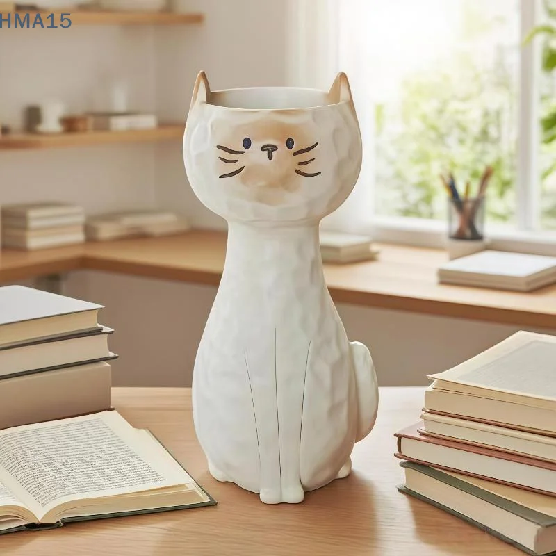 【YA】Resin Cat Vase Adorable Cartoon Cat Pattern Smooth Finish Tiny Flower Holder for Office Table Decoration
