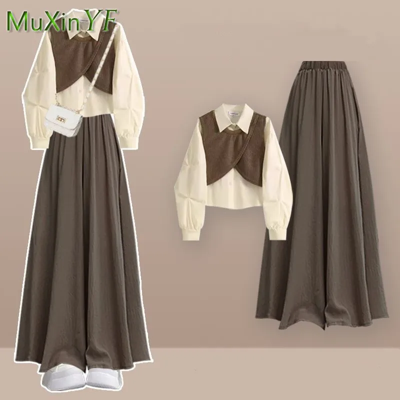 المرأة الخريف/الشتاء جديد خمر رياضية مطابقة مجموعة 2025 الكورية أنيقة وهمية قطعتين سترة قميص + السراويل فضفاضة تنورة دعوى