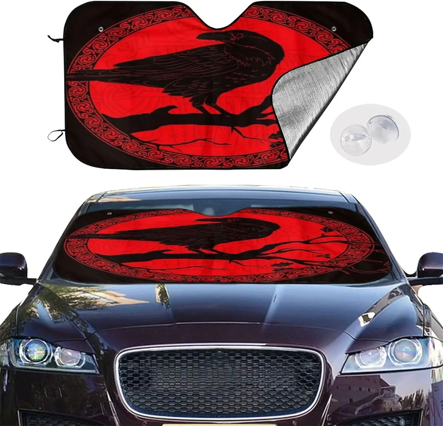 Viking Black Crow Runes Sun Shade Front Window Sunshade for Most Sedans SUV Truck Blocks Uv Rays and Keep Your Vehicle Cool