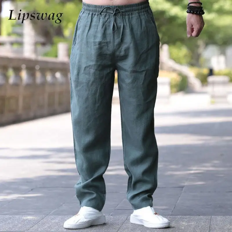 

2024 Spring Autumn New Casual Pants Men Vintage Drawstring Solid Color Loose Linen Pants Leisure Breathable Mens Straight Pants