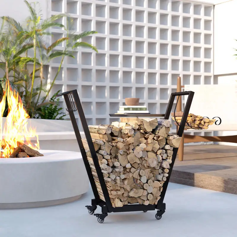 

Firewood Rack with Wheels, Metal Log Holder with Kindling and Tool Hooks, Indoor/Outdoor, 31.1" x 11.8" x 31.9", Black