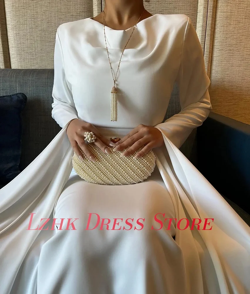 Vestido de noite reto de jérsei clássico personalizado, mangas compridas delicadas, gola redonda, comprimento do tornozelo