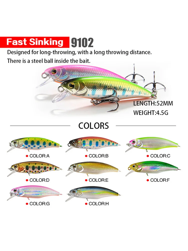 Japońskie przynęty wędkarskie typu sinking minnow, 52mm 4.5g, jerkbait, na okonia, szczupaka, karasie, wobler, swimbait, profesjonalne twarde przynęty. — zdjęcie 2