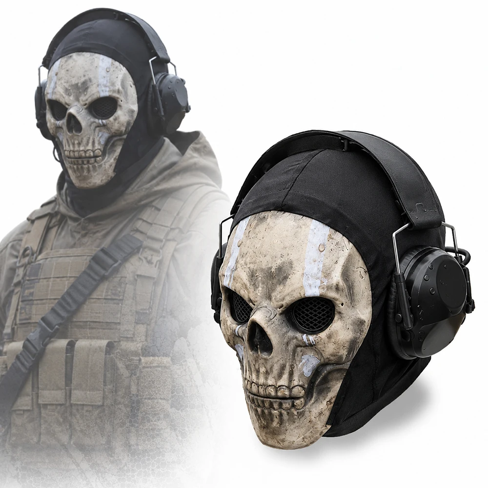 Tactical Skull Mask Earmuffs Set Full Face Breathable Protective Gear for Military Enthusiasts Cosplay Airsoft Paintball Combat