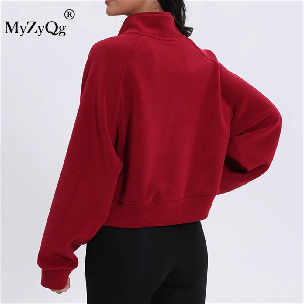 MyZyQg Women Zipper Autumn Winter Sweatshirts Velvet Stand-up Collar Sports Coat Windproof Warm Loose Casual Sweater Yoga Top