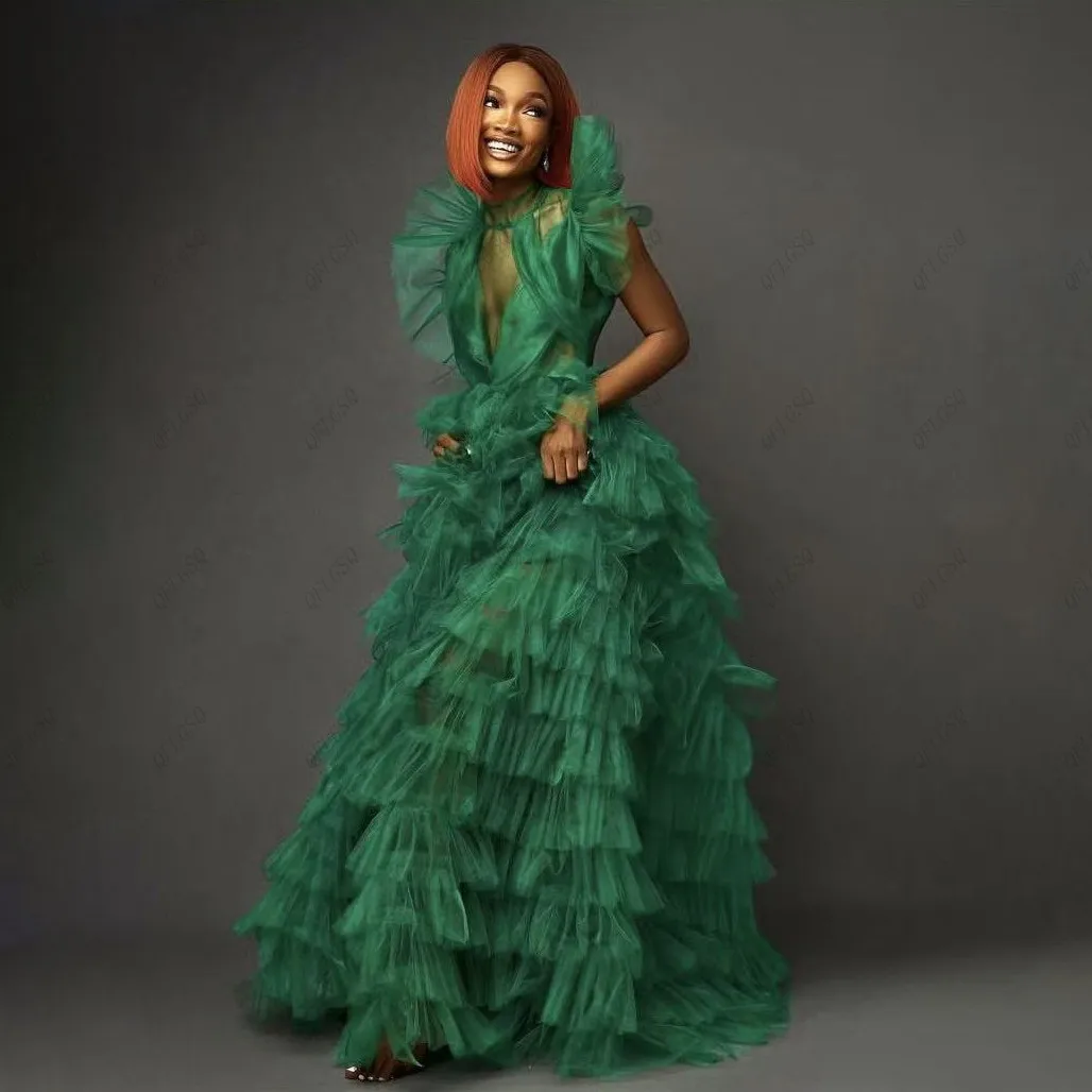 Robes de soirée en Tulle vert pour femmes, col transparent, ligne a, à plusieurs niveaux, robes de bal, sur mesure, à volants, Maxi, sans manches