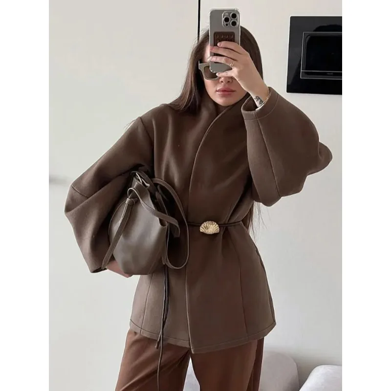 Giacca da strada da donna quotidiana per pendolarismo autunnale Cappotto di lana solido da donna chic Elegante cravatta in vita a maniche lunghe Abito ampio alla moda