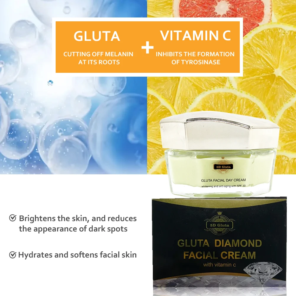 5D Gluta Diamond Face Care Cream Whitening Nourishing Moisturizes Brightens Skin for Dark Skin Female Beauty Day Cream