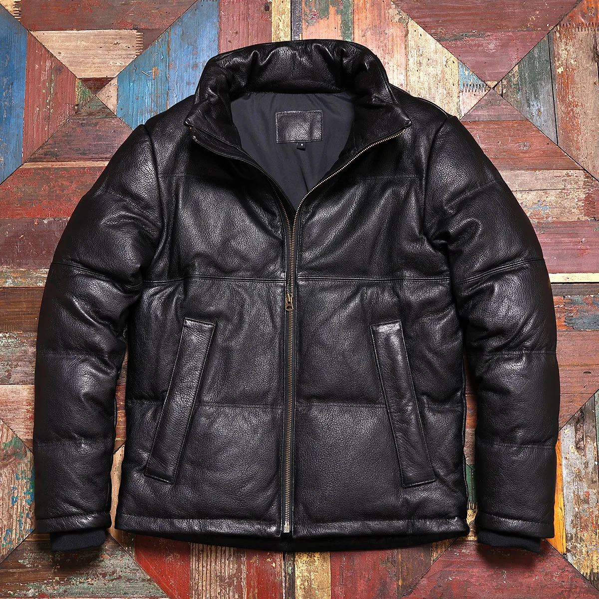 

Черный зимний кожаный пуховик для мужчин в повседневном стиле, большие размеры 5XL, теплый пуховик из натуральной овчины с воротником-стойкой