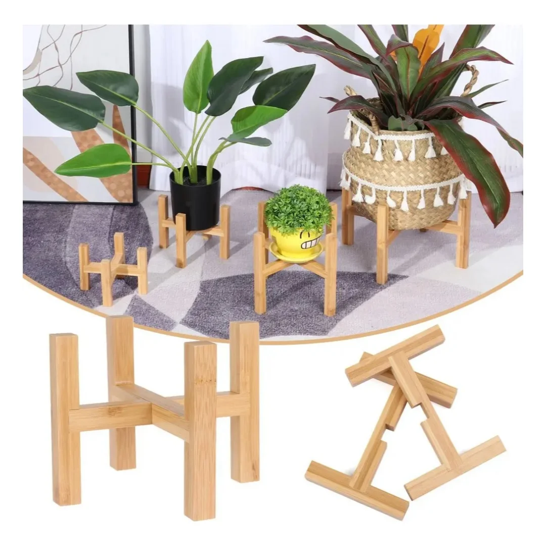 Natural Bamboo Plant Stand, 4-Legged Cross-Shaped Flower Pot Holder, Sturdy Plant Shelf for Indoor & Outdoor Use view 5